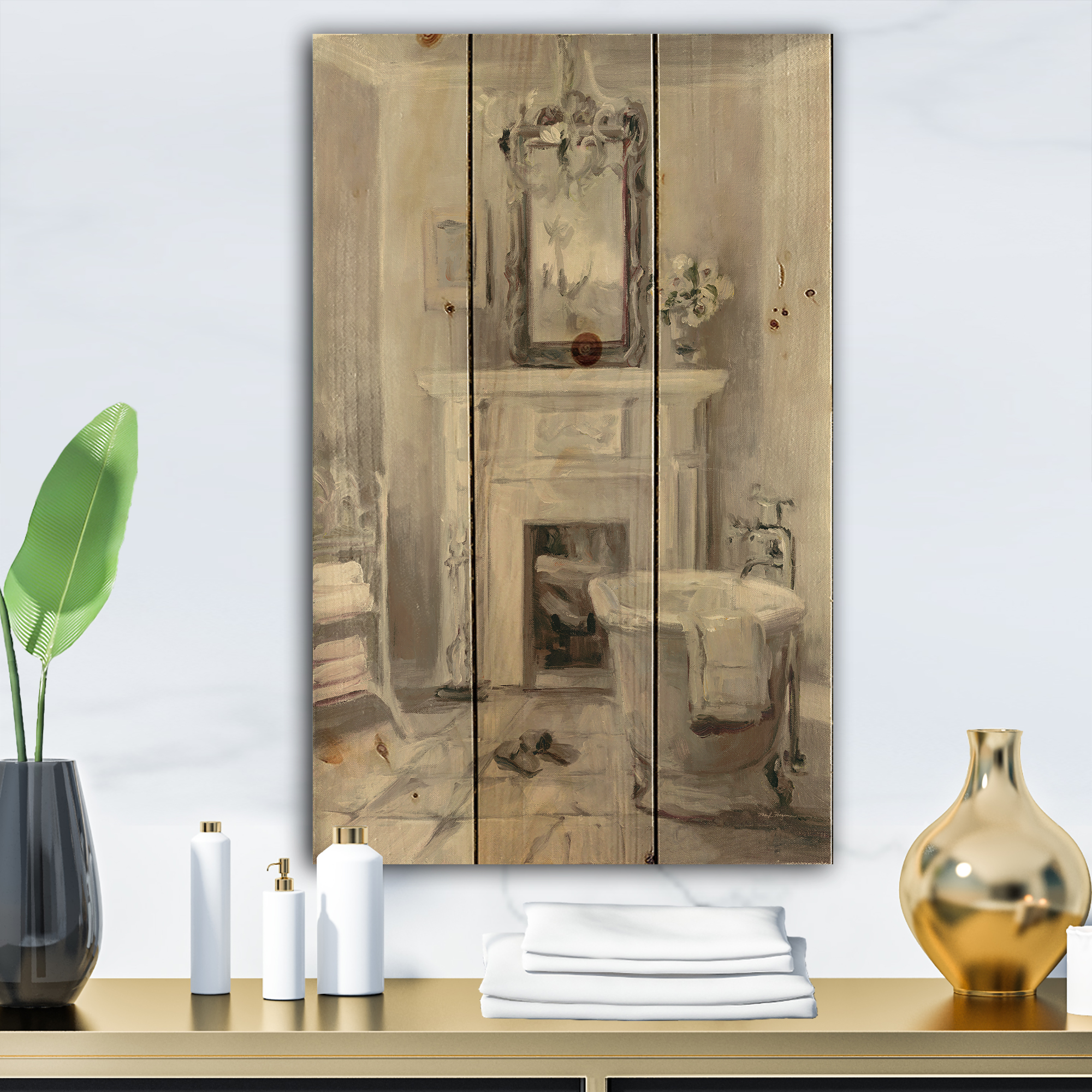 Designart 'French Bathroom Vintage I' Traditional Bathroom Print on Natural Pine Wood