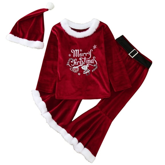 Generic Kids Christmas Clothes Toddler Baby Girls Suit Xmas Patchwork O Neck Fall Winter Pullover Tops Pants Hat 3PCs Set Outfits Sweatshirt (3-4 Years,Red)