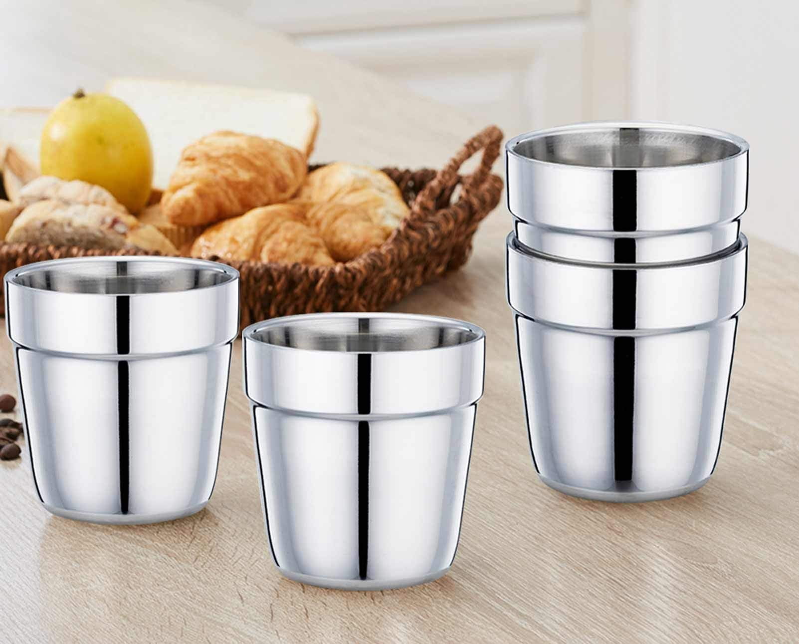 Espresso Cup Set of 4 Double Wall Stainless Steel Coffee Mugs Reusable Stackable Tea Cups Mirror Finish Dishwasher Safe 6 Ounce