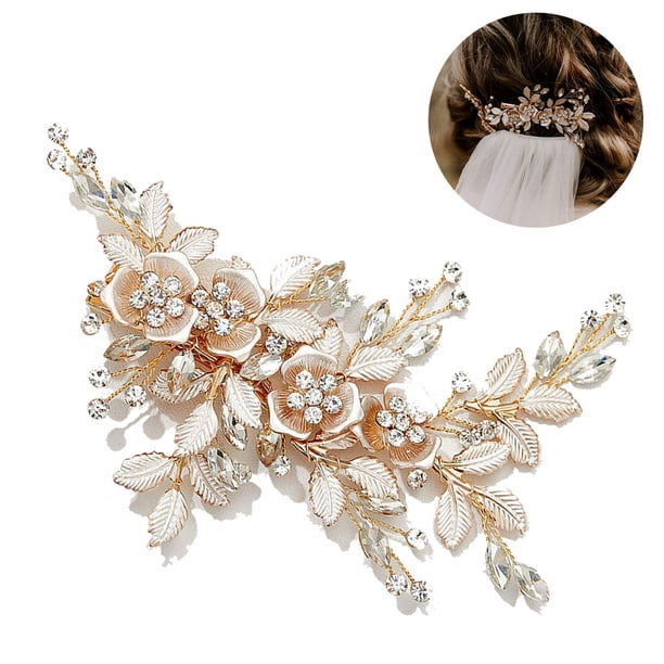 Tocado de flores hecho a mano con hojas de aleación, tocado de boda nupcial, joyería de diamantes de imitación para el cabello, peineta para el cabello, accesorios nupciales para el cabello Adepaton 2035993-1