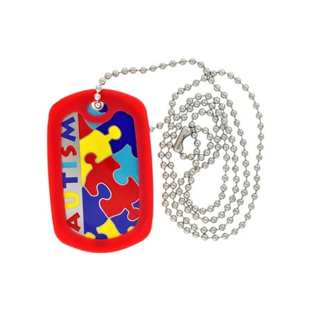 PinMart's Autism Awareness ID Necklace Dog Tag w/ Chain & Red Silicone Protector