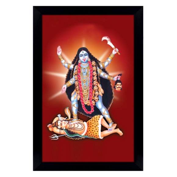 IBA Indianbeautifulart Maa Kaali Debout sur Lord Shiva Affiche avec Cadre Mural Dieu Cadre Photo Saint Affiche Religieuse Hindoue Déco Maison Prêt à Accrocher Cadre en Bois