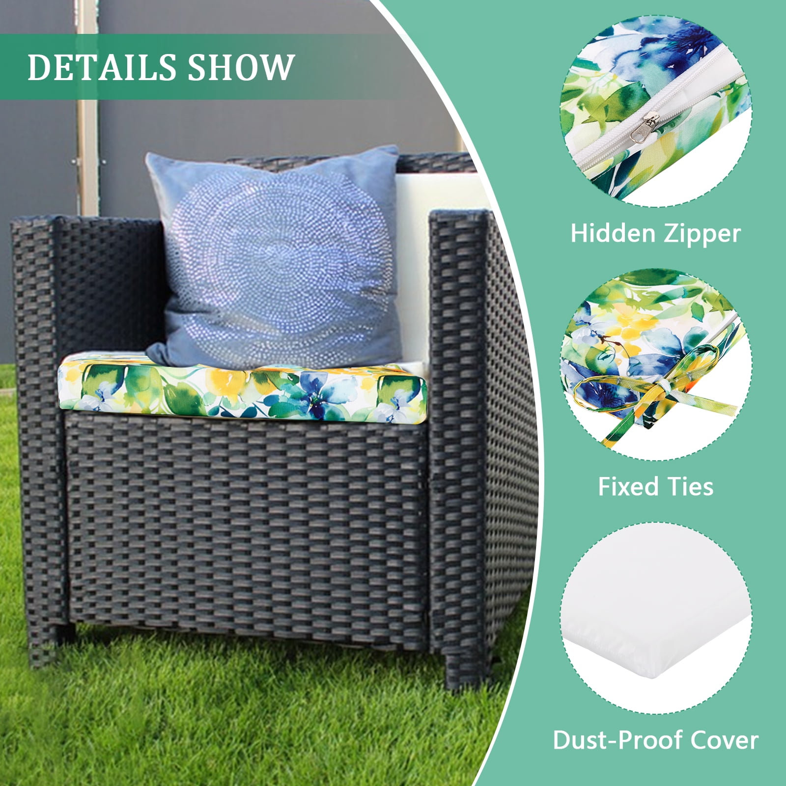 Patio Chair Cushions Set of 4, Outdoor Seat Cushions for Patio Furniture 17 x 17 Inch, Indoor Square Corner Dining Chair Pads Set with Ties and Inner Dust Cover, (Flower Blue)