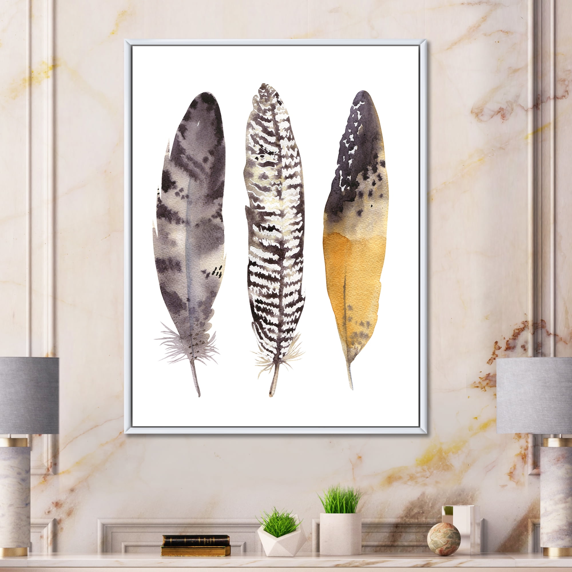 Boho Ethnic Art Dark Gray Feathers III 30 in x 40 in Framed Painting Canvas Art Print, by Designart
