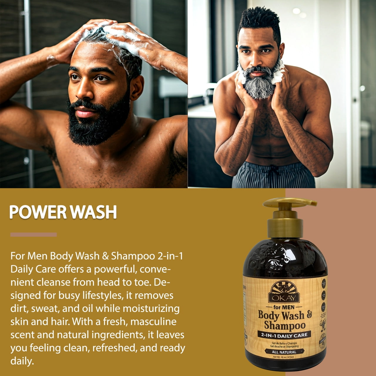 OKAY for Men Body Wash & Shampoo 2-in-1 Daily Care 16 oz – All-Natural Cleansing Wash for Hair & Body, Moisturizing & Refreshing