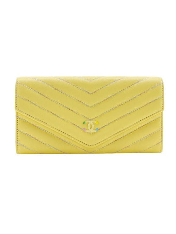 Pre-Owned Chanel CHANEL V stitch long wallet Coco mark lambskin yellow snap button... (Good)
