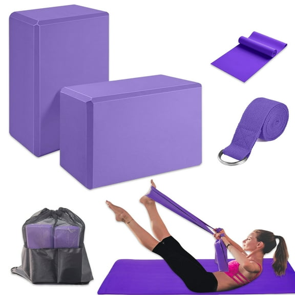 Yoga Blocks and Yoga Straps Set, 9×6×4 inches Lightweight Eva Foam Block W/6FT Metal D-Ring Strap and 4.9 FT Resistance Bands for Yoga, Pilates, Meditation（Purple）
