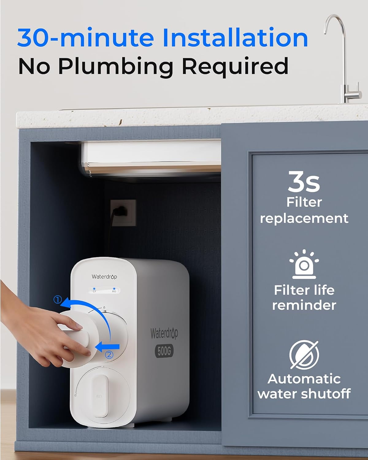 Waterdrop G5P500A Alkaline Mineral pH+ Reverse Osmosis Water Filter, NSF/ANSI 372 Certified, 8 Stage Reverse Osmosis System, 500G RO Water Filtration System, 2:1 Pure to Drain, Reduces TDS, BPA Free