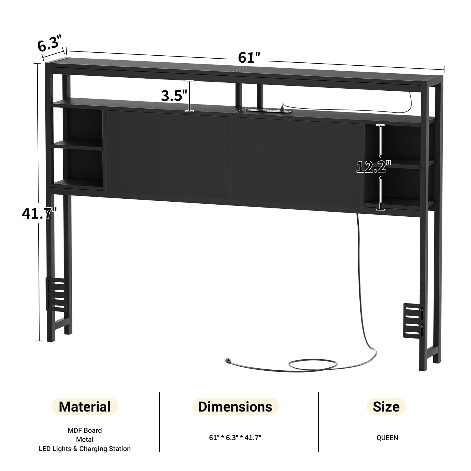 Homieasy Queen Headboard with Storage, Headboards with Power Outlets and Smart LED Light, Sturdy Head Board for Queen Size Bed, Black