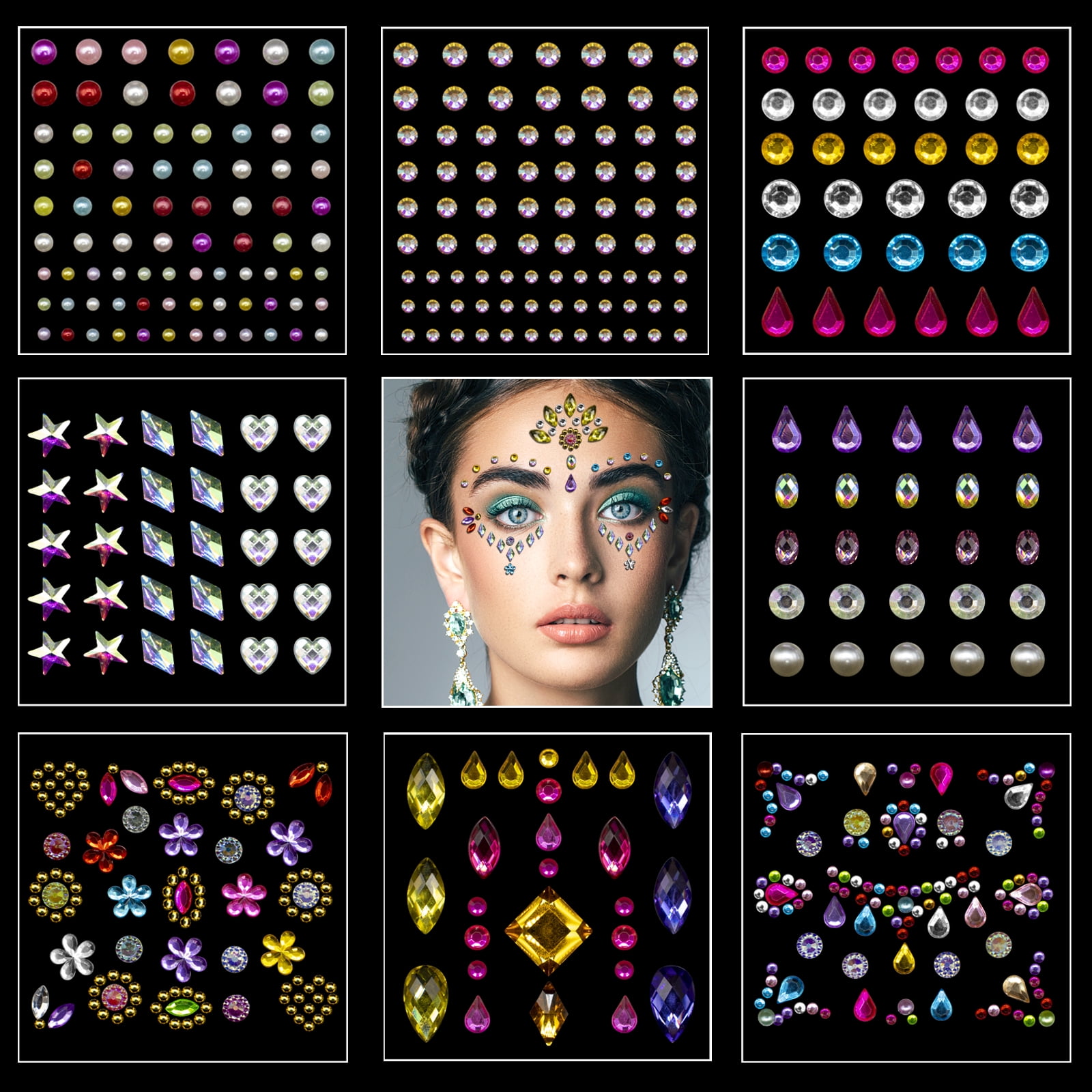 8 Sheets SelfAdhesive Rhinestone DIY Face Jewels Stick on Eye Body Face Gems Rhinestone