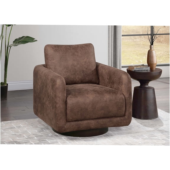 JERFIT Modern Walnut Faux Leather Swivel Chair with Pillow, 360 Degree Rotating Accent Chair for Living Room, Bedroom