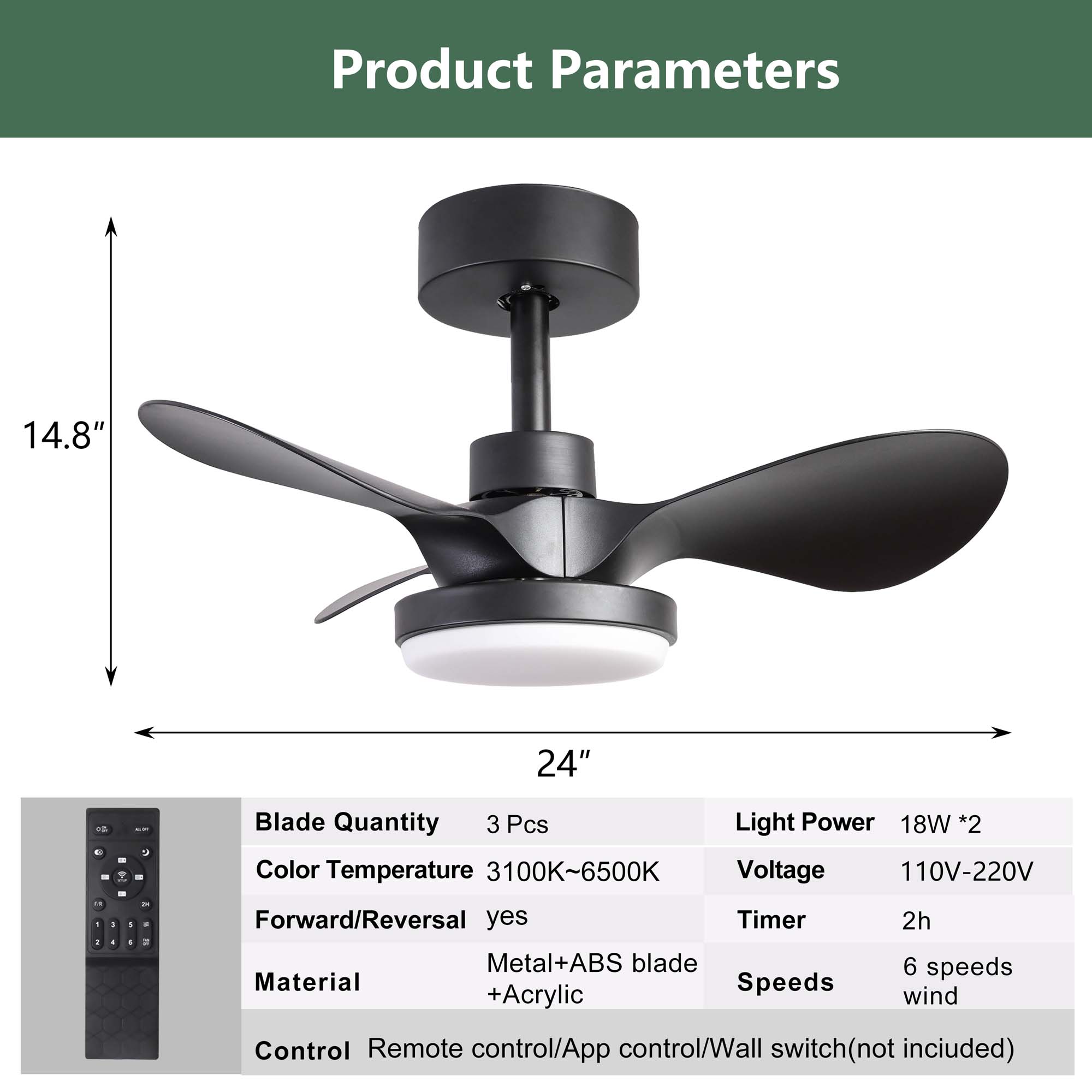 Miniyam 24" Small Ceiling Fan with Light Remote Control, Modern Low Profile black Ceiling Fan, 6-Speeds Quiet Reversible DC Motor for Bedroom, Kitchen