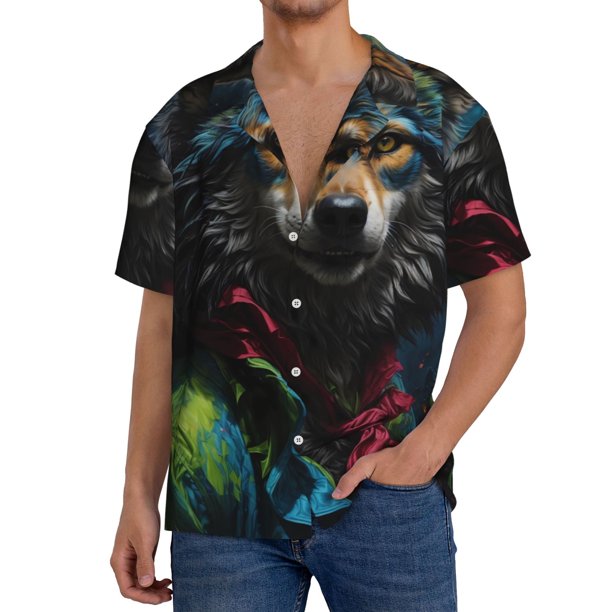 Balery Vintage Wolf Warrior Camisa Casual de Manga Corta con Botones para Hombre, Texturizada, Estilo Cubano, para Playa, Verano-Medium