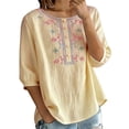 thumbnail image 3 of Women's Embroidered Blouses Summer Round Neck Embroidered Top 3/4 Sleeve Casual Boho Loose Lightweight Daily Shirts by Yigetop Yellow M, 3 of 7