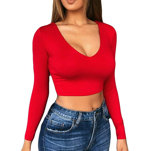 Zachtmoedigheid Persoon belast met sportgame Herdenkings FeMereina Womens V-neck Crop Top Long Sleeve Shirt Blouse Sweater Vest Tops  - Walmart.com