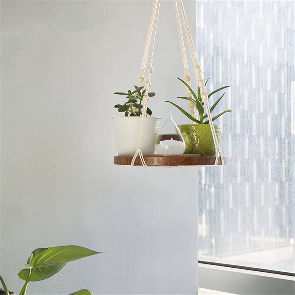 Macrame Plant Hanger Indoor Hanging Planter Shelf Rack Decorative Flower Pot Holder Cotton Rope with Wood Plate Boho Home Decor