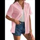 thumbnail image 3 of Camisa de Algodón con Botones y Dobladillo Enrollado para Mujer, de Corta, Informal, de Verano, con Cuello en V, para Playa. Rosa L, 3 of 8