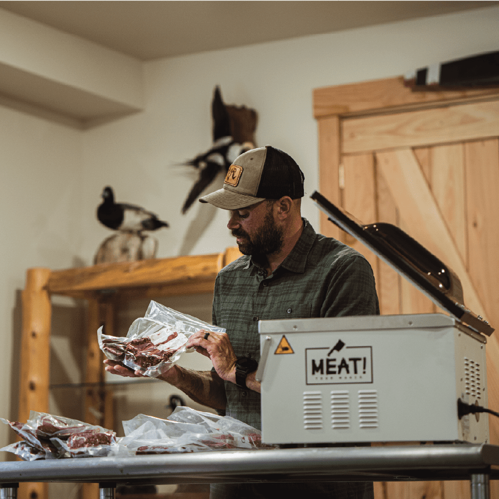 MEAT! Chamber Vacuum Sealer with 12" Sealing Bar, Adjustable Seal Time, Vacuum Gauge, and Vacuum Bag Sampler Pack for Preserving Meat and Vegetables