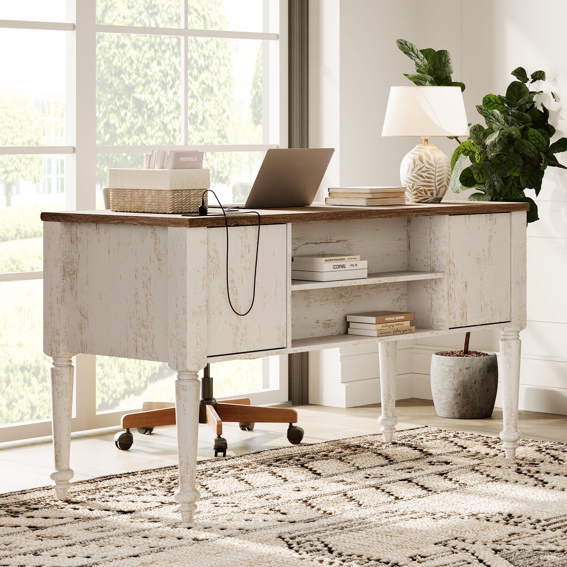 Farmhouse Executive Desk with Drawers, Office Desk with Power Outlet and 5 Drawers, Wood Computer Desk with Charging Function, File Drawer, Writing Desk for Home Office, Work, Study Room,Rustic White