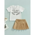 thumbnail image 2 of Seyurigaoka Toddler Kids Girls 2 Pieces Summer Outfits, Letter Print Round Neck Short Sleeve T-Shirts Tops + Solid Color Mini Pleated Skirts, 2 of 9