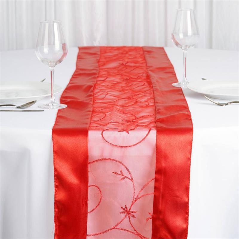 Efavormart 5PCS of Red Organza Embroidered Premium Table Top Runner For