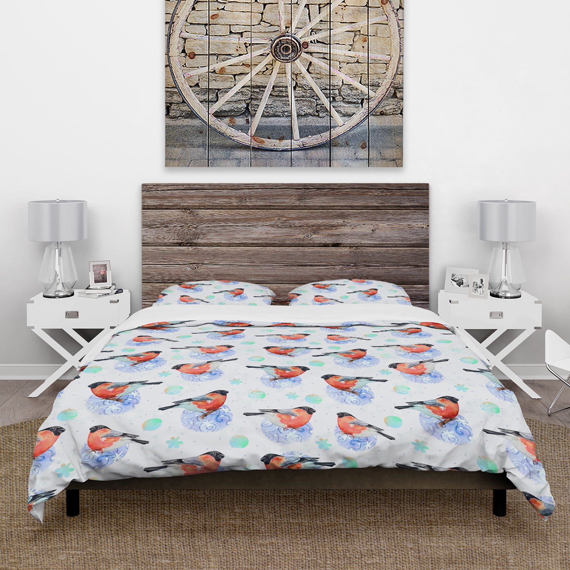 Designart 'Bullfinch Bird on Abstract Doodle Circles' Animals Duvet Cover Set