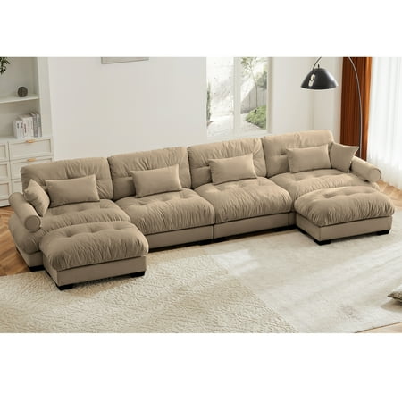 U Shaped Sectional Sofa Cloud Couch with Movable Ottomans Convertible Deep 4 Seater Modern Velvet Comfy Upholstered Corner Couch with Blostered Armrests Waist Pillow and Throw Pillows (Camel)