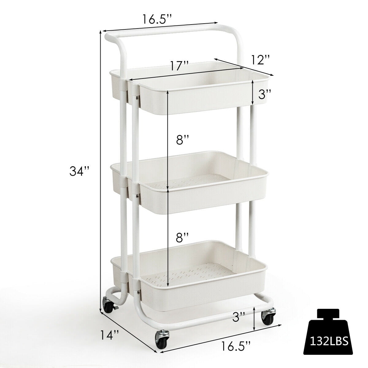 Gymax 3 Tier White Rolling Cart W/Wheels Practical Handle & ABS Storage Basket Organizer