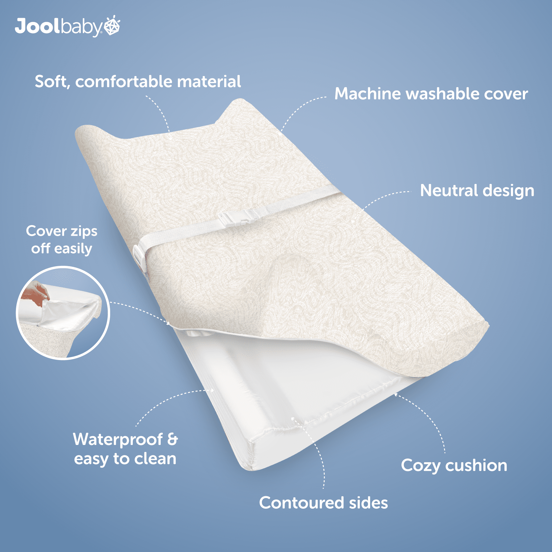 Jool Baby Soft Changing Pad + Washable Cover, Non-Slip - Fits Standard Changing Tables & Dressers (Wave Pattern, Off-White)