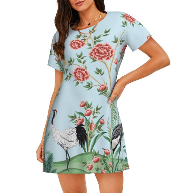 Easygdp Chinoiserie Floral Palm Tree Camisón de manga corta para mujer, informal, estampado