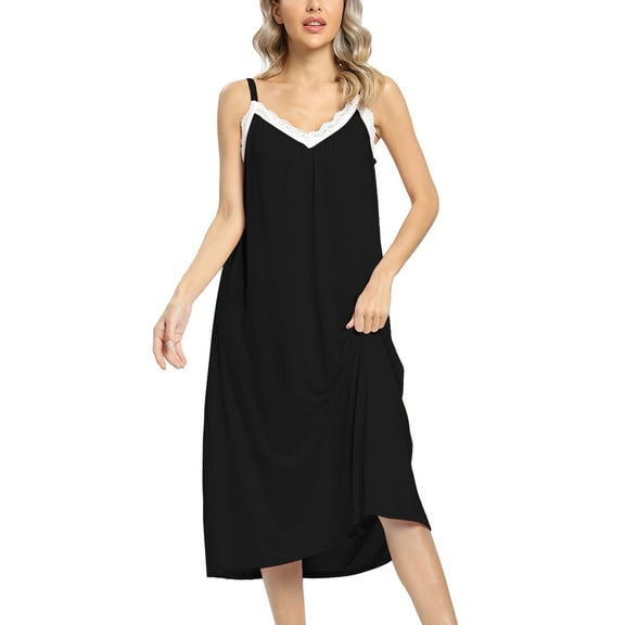 Baywell Women's Cami Nightgown Sleeveless Lace V Neck Long Nightdress Sleepwear Loose Tank Sleepdress Full Slip Chemise Sleepshirt Lounge Dresses S-3XL