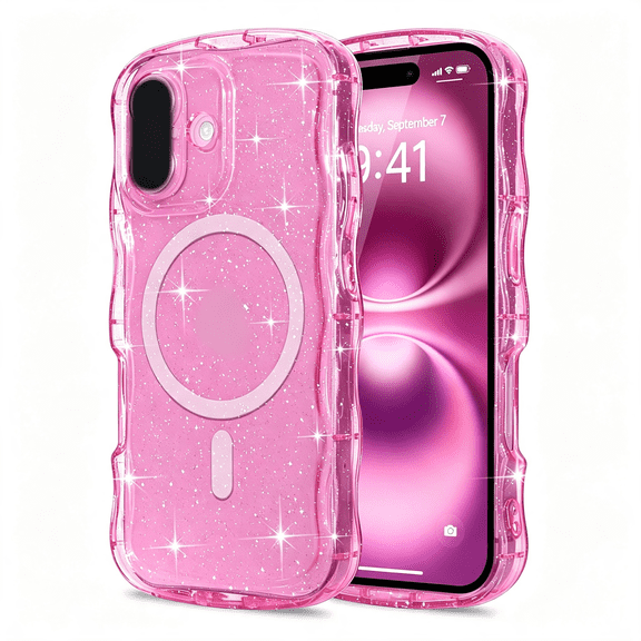 GJX Magnetic for Iphone 16 Case Clear Glitter,Hot Pink | Sparkly Bling Cute Curly Wave Transparent Cover for Women Men,Compatible with Tpu Shockproof Protective Phone Case