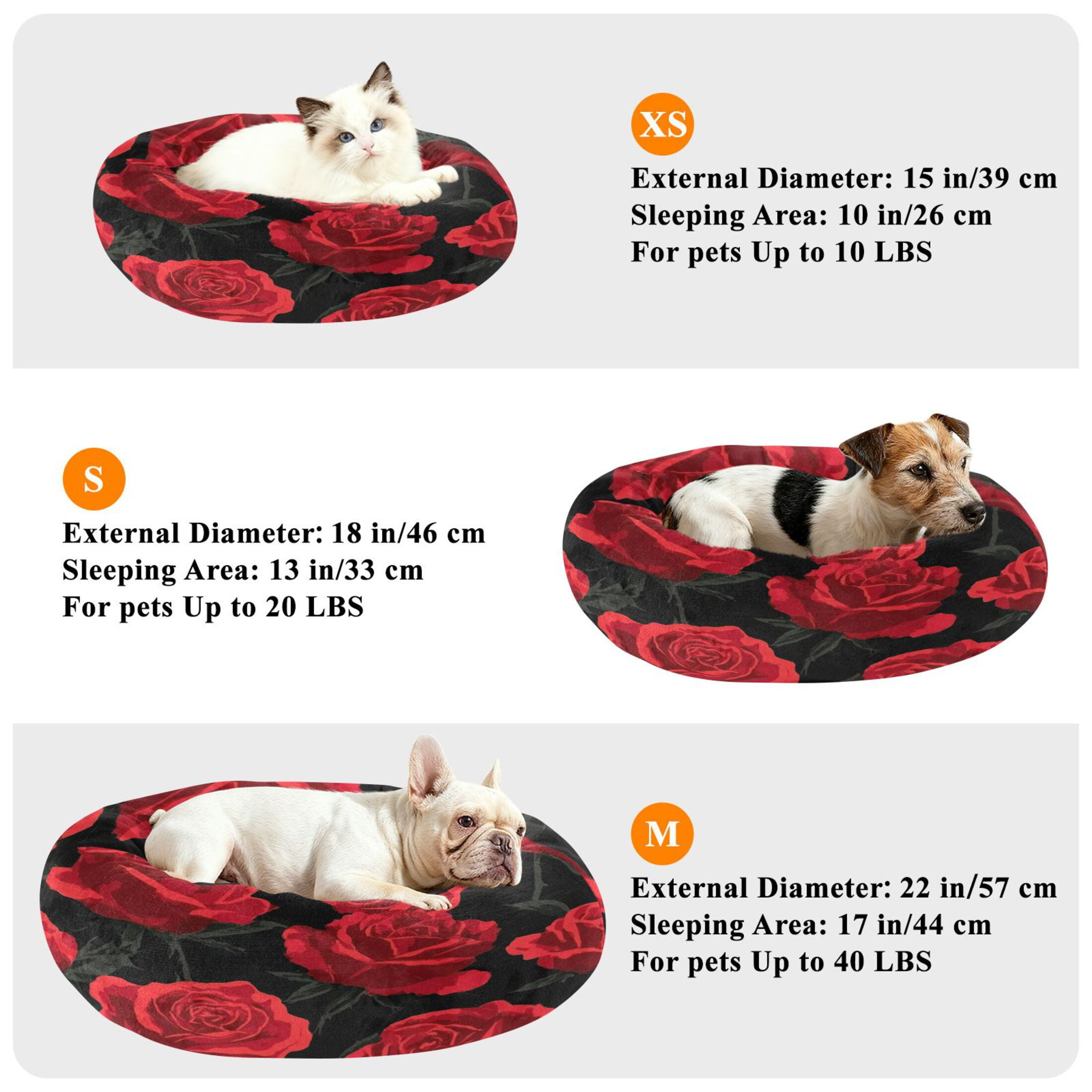 Iauyy Pet Couch Donut Cat Bed for Indoor Cats/Small Dogs Washable & Machine with Non-slip Bottom Calming Cat Furniture, Black and Red Roses (M)