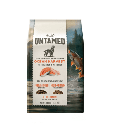 New!4health Untamed All Life Stages Ocean Harvest Salmon and Whitefish Recipe Dry Dog Food 25 lb