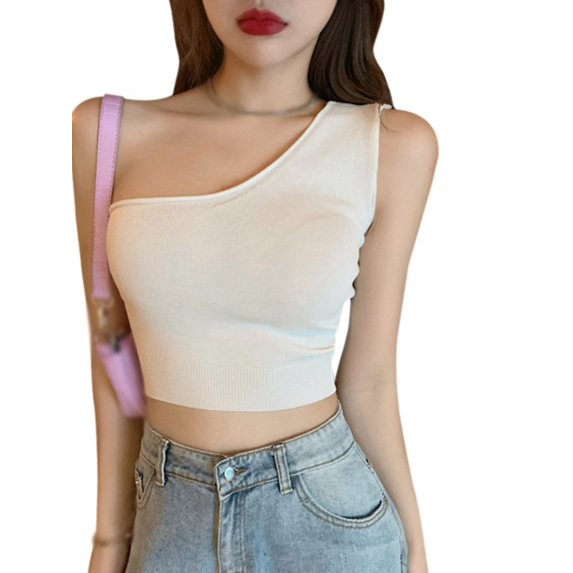 Ochine Women's Knit Crop Top Slim Fit Sleeveless Solid Color Off One Shoulder Blouse Tube Top Vest Casual Sexy Fashion Tee Shirt Summer Club Party, One Size