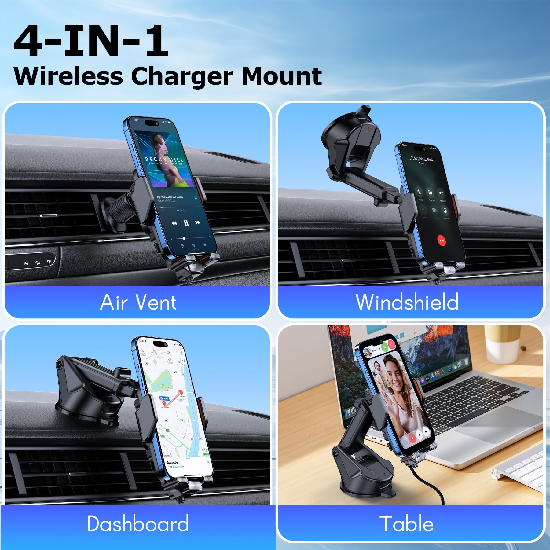 VEAT00L X16s Wireless Car Charger,15W Fast Charging Auto Clamping Car Charger for Dash Windshield Air Vent Compatible,Hands-Free Phone Holder Car Mount for iPhone 16 15 14, Samsung Galaxy,Google, etc