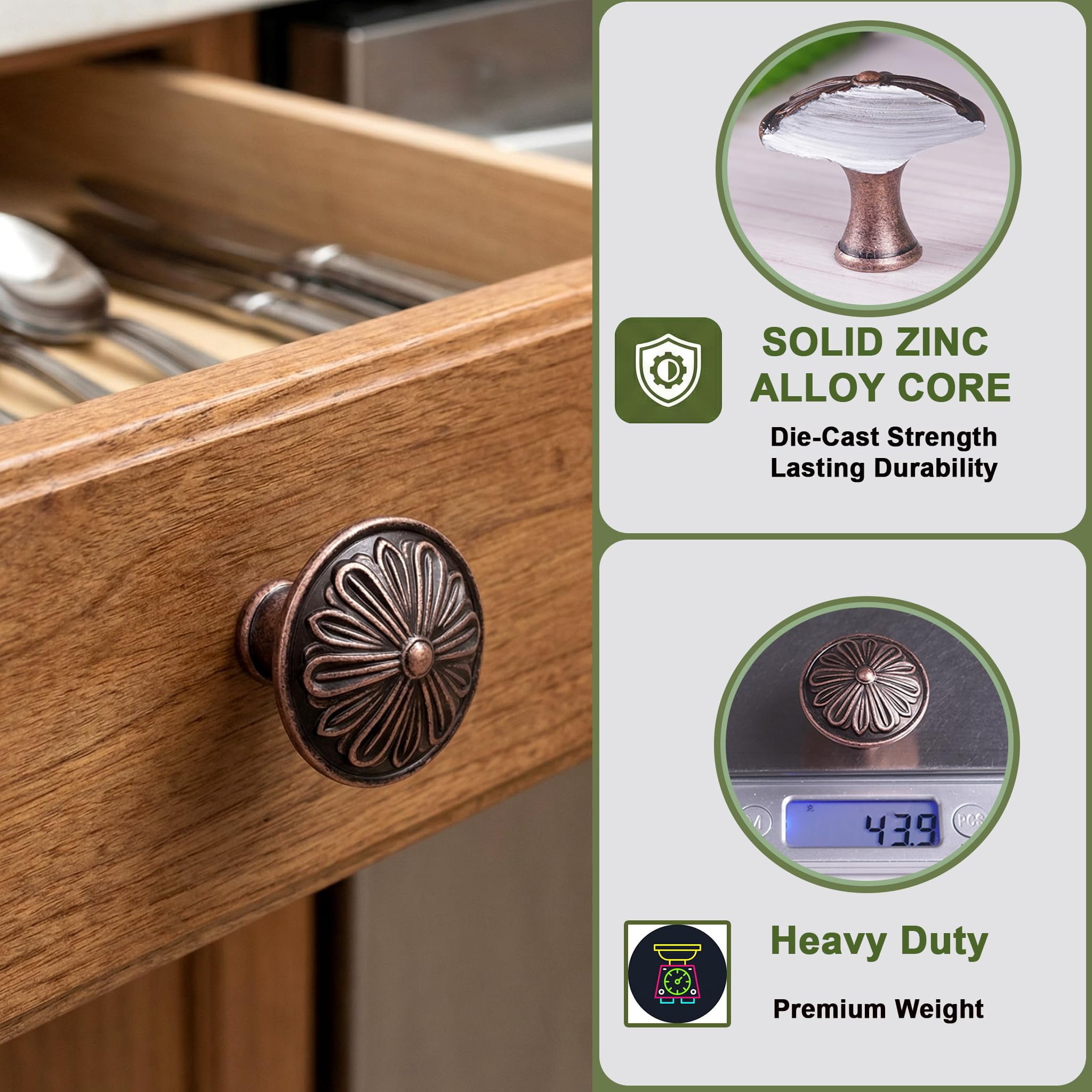 Antique Brass Cabinet Knobs Handles 10 Pack,Solid Zinc Alloy 1.4"Dia Round,Vintage Brass Kitchen Cabinet Handles for Cabinets and Drawers,Drawer Knobs Pulls Vintage Dresser Knobs Closet Door Knobs