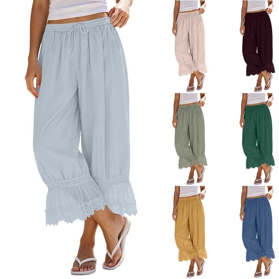 Raeneomay Women's Pajama Pants, Elastic Waist Drawstring Wide Leg Sleepwear Bottoms Lace Loose Lantern Capri Pants Soft Lightweight Lounge Pj Bottoms