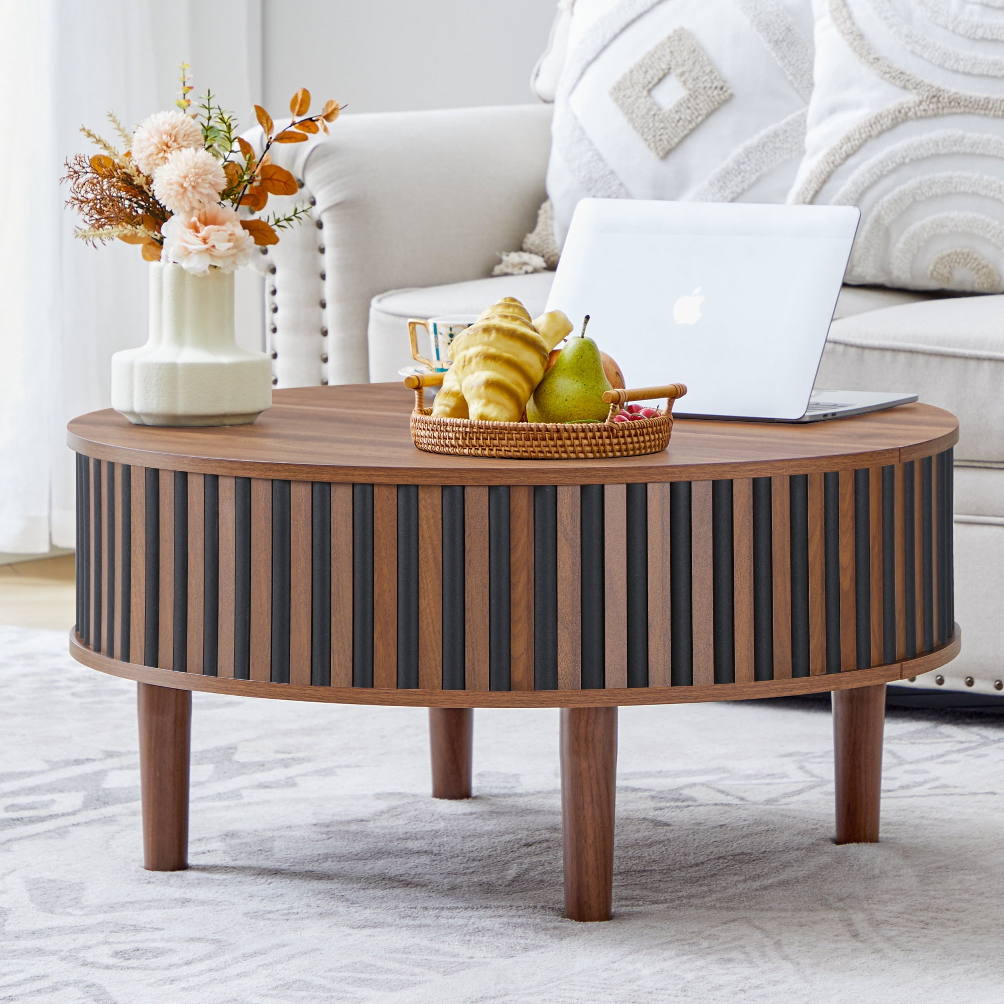MIYZEAL 31.5" Round Lift Top Coffee Table with Storage, Fluted Mid Century Modern Wooden Center Table with Hidden Compartment, Coffee Table for Living Room, Apartment, Office（Walnut Black）