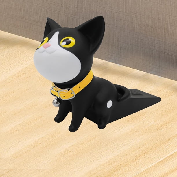 Tope de puerta, soporte de tope de puerta, linda figura de gato, reducción de ruido, cuña anticolisión para la parte inferior de la puerta, para el ho Negro
