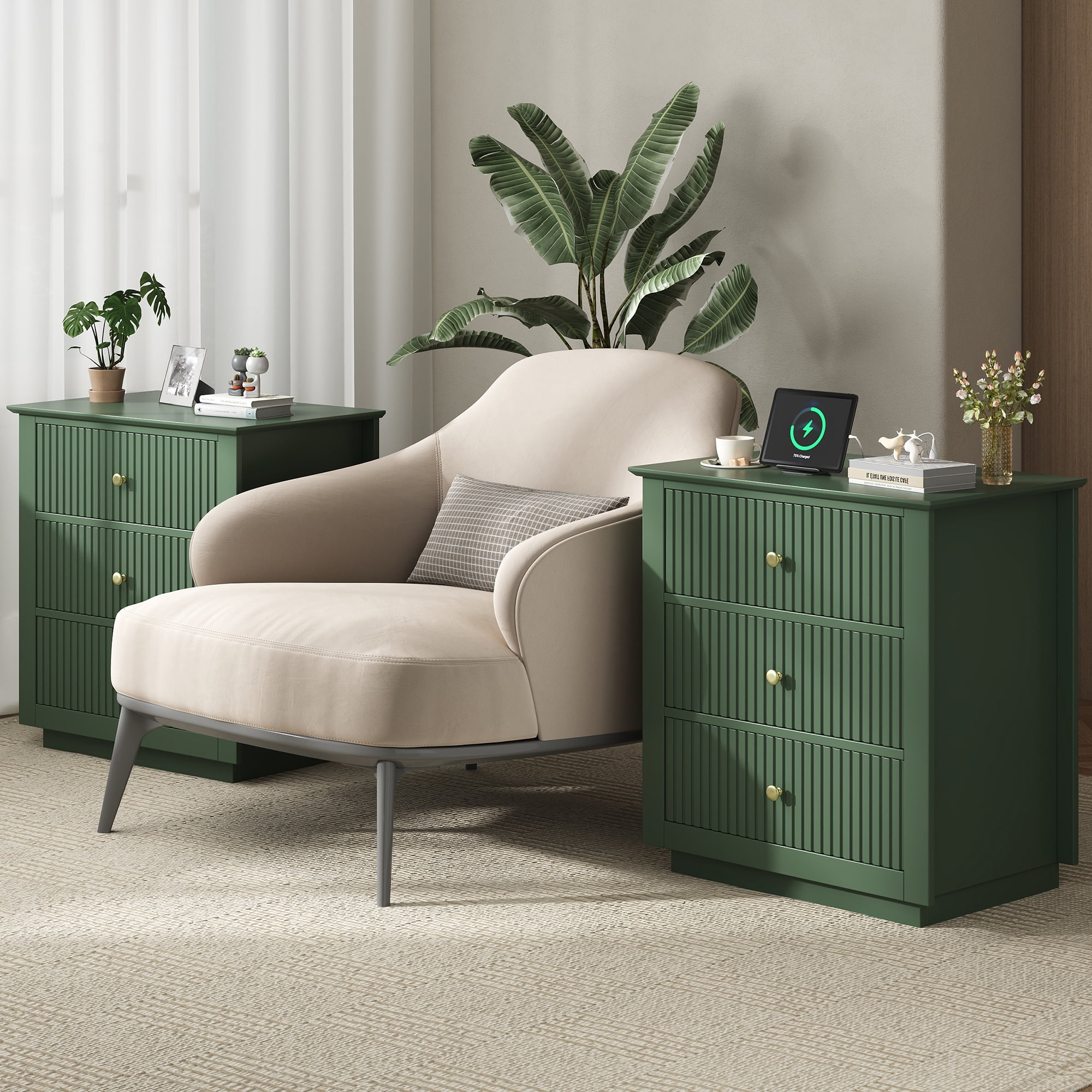 IDEALSOUL Nightstand Set of 2, 24" Wide End Table with Storage, Fluted Nightstand with USB Charging Station, Large 3 Drawers nightstand for Bedroom Living Room(2pc, Green)
