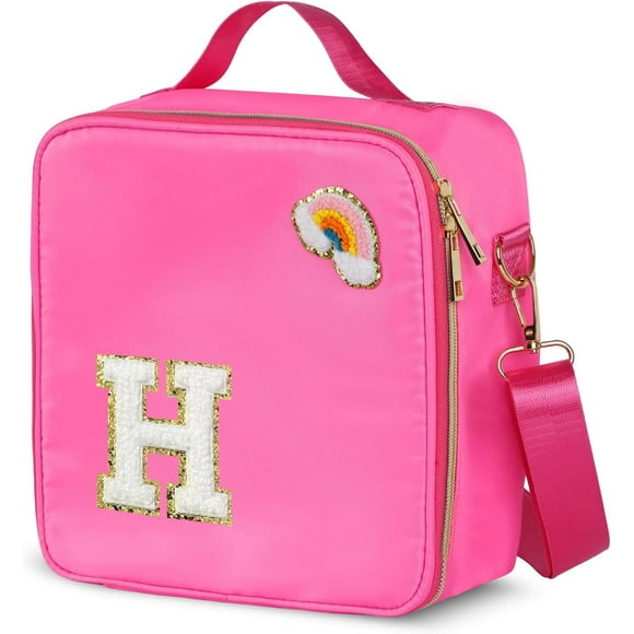 shiyou-Insulated Nylon Lunch Box for Girls, Kids, and Women-Stylish (Letter 'H'),Pink Preppy Large Lunch Bag with Adjustable Strap, Tote for School, Travel, and Picnics-Ideal Preppy Stuff Choice