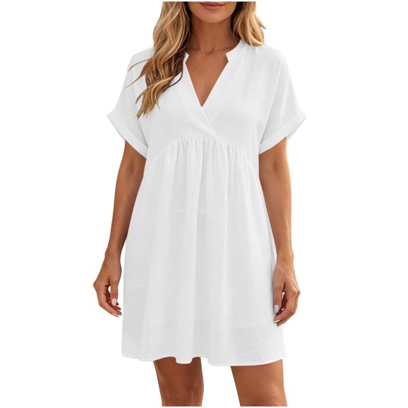 XuJwPNcy Womens Summer Dresses V Neck Short Sleeve Tshirt Dress Flowy Knee Length Beach Dresses Travel Vacation Outfits