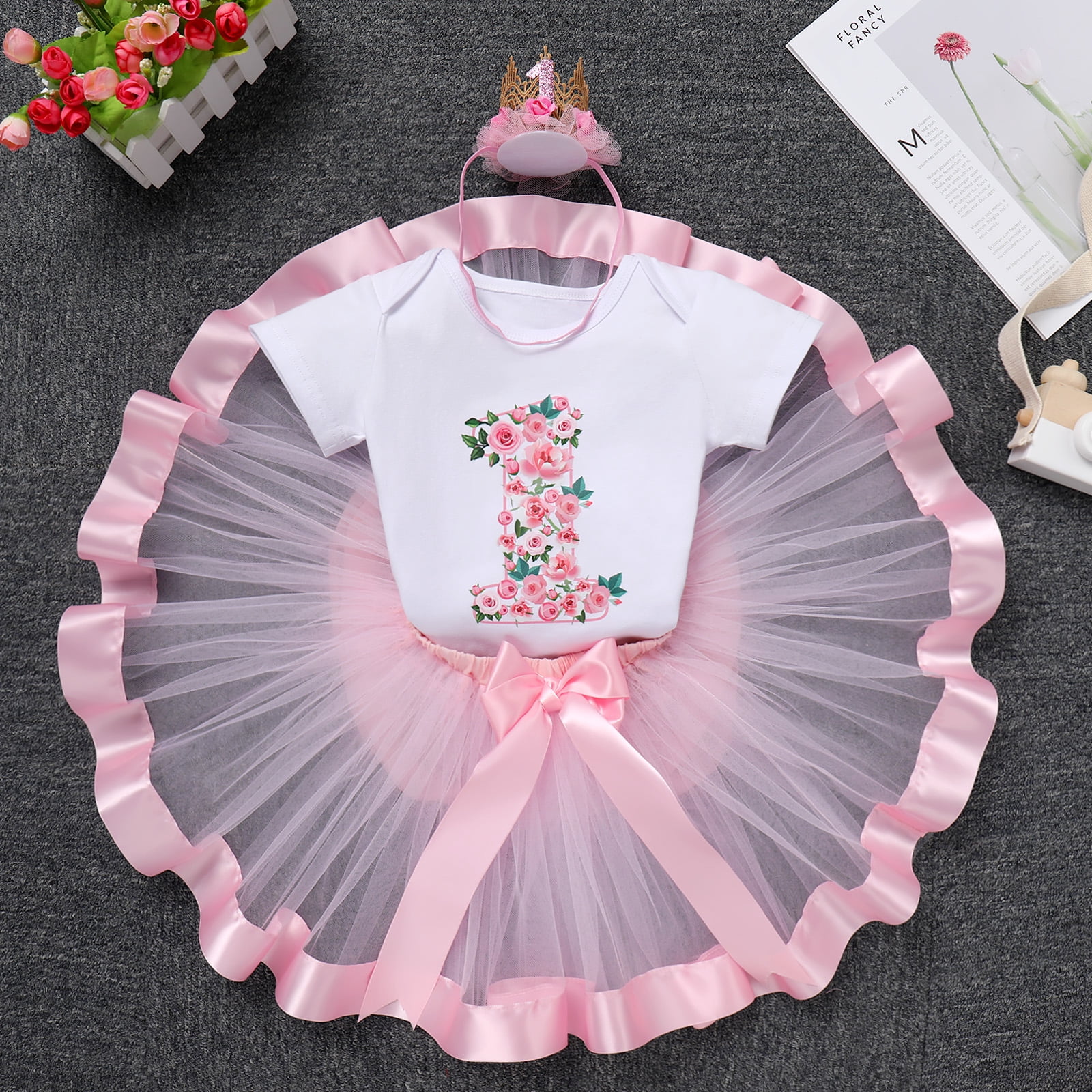 IBTOM CASTLE Infant Baby Girl One Year Old Birthday Outfit Floral Lace Party Cake Smash Romper + Tutu Skirt + Crown Clothes Set for Photo Shoot 1 Year Pink - Flower