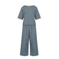 thumbnail image 7 of 2 Piece Outfits for Women Summer Cotton Linen Sets Lounge Solid 3/4 Sleeve Embroidered Top Matching Causal Wide Leg Pants, M, 7 of 7