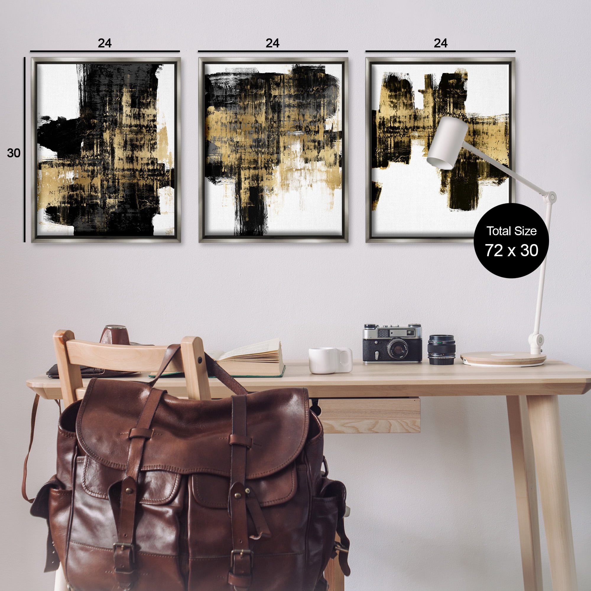 Stupell Industries Bold Black Brushstrokes with Gold Abstract Painting Gray Floater Framed Canvas Art Print Wall Art, 25 x 31, Set of 3