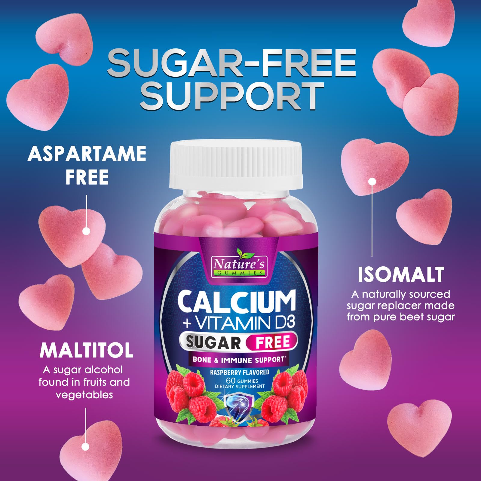 Calcium Supplement Gummies - Sugar Free Calcium Gummy with 400 IU Vitamin D3 for Best Absorption - Supports Immune Health, Bones & Teeth - Nature's Calcium Chews for Women & Men - 120 Gummies