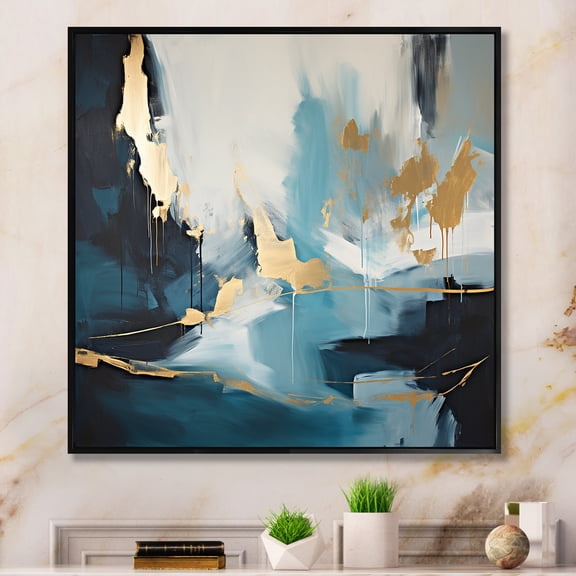 Designart "Abstract Expression in Gold and Blue III" Abstract Framed Wall Art - Blue Abstract Painting Entryway Framed Wall Art