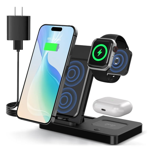 Wireless Charger Station for iPhone16 15 14 13 12 11 8 XS XR & Samsung Galaxy, 3 in 1 Charging Station for AirPods 3 2 Pro & iWatch Series ,Magnetic Wireless Charger Black