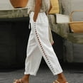 thumbnail image 2 of RPVATI Linen Capri Pants Women Holiday Drawstring Wide Leg Pants with Lace Side Summer Elastic Waist Lightweight Beach Trousers with Pockets White S, 2 of 6